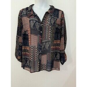 Cb Established 1962 Blouse Women’s Plus 3X  Button up Patchwork Blue Roll Tab